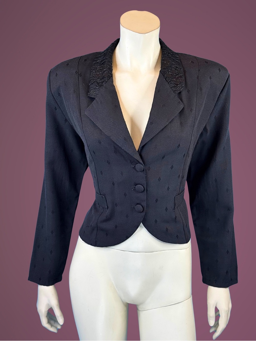 90s Black Gothic Fitted Cropped Lace Collar Tuxedo Blazer Jacket | M